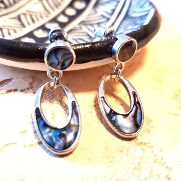 Abalone Paua Shell Open Oval Earrings - Picture 1 of 7